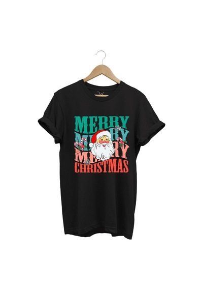 Unisex Yeni Yıl Yılbaşı Noel Baba Merry Christmas Baskılı Şirin Hediye Pamuklu Regular Fit T-shirt Siyah