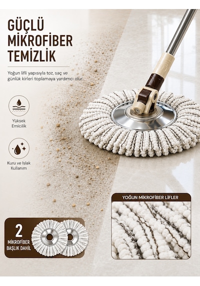 Tekerlekli Spin Mop Seti- Pedallı Sıkma Hazneli, Mikrofiber Başlıklı Ve Teleskopik Saplı Temizlik Seti