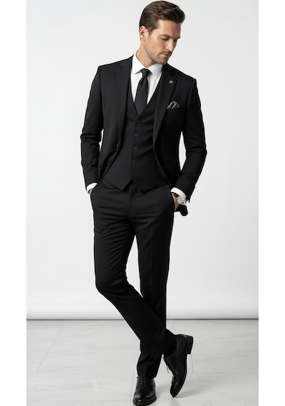 Erkek 3 Parça Slim Fit Takım Elbise Klasik Likralı Kumaş, Tek Düğme, Çift Yırtmaçlı Modern Kesim Ceket Yelek Pantolon Siyah