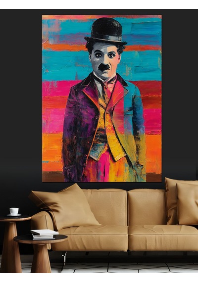 Ahşap Tablo Renkli Charlie Chaplin Portresi