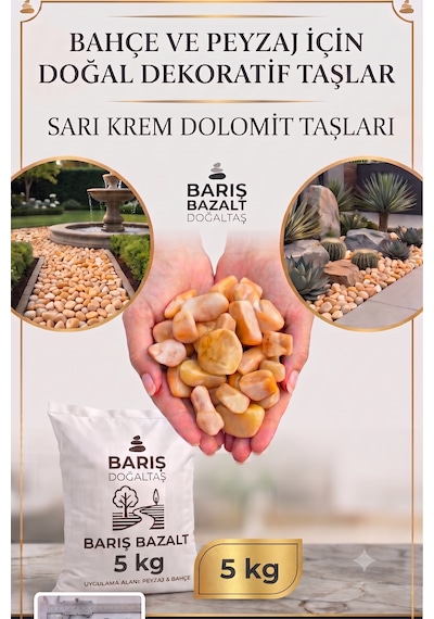 Doğal Premium Sarı Krem Dolomit Taşı 5 Kg 1-2 Cm Yuvarlak Dekoratif Bahçe Taşı