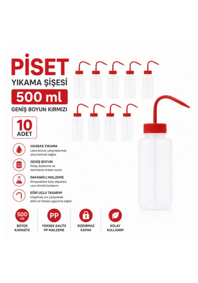 Piset 500 Ml - Yıkama Şişesi Geniş Boyun Kırmızı 10 Adet
