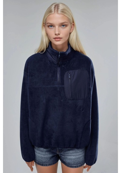 Hiccup Busem Fermuarlı Yakalı Peluş Örme Sweatshirt, Cepli Lacivert