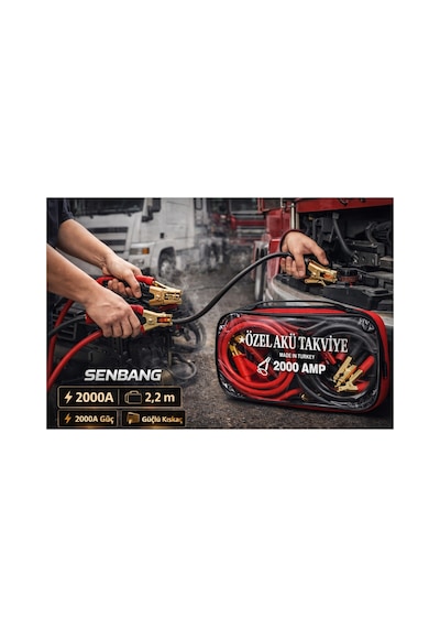 Senbang 2000a Akü Takviye Kablosu 2,2 Metre Çantalı, Güçlü Kıskaçlı, Kamyon/tır İçin Marş Kablosu
