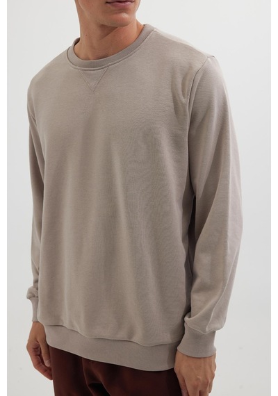 Tudors Unisex Relax Fit Rahat Kesim %100 Pamuk 3 İplik Basic Bej Bisiklet Yaka Sweatshirt-35145 Bej