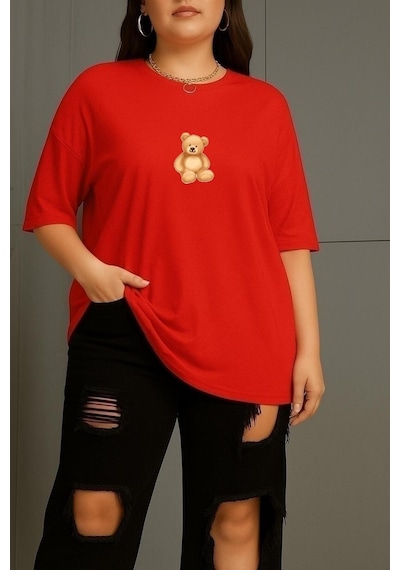 Büyük Beden Ayıcık Baskılı Unisex Tişört Kırmızı