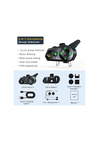 500 Mt Intercom 6 Eşleşmeli Müzik Paylaşımlı Kask Kulaklık D-2pr 6x Su Geçirmez Motosiklet Intercom