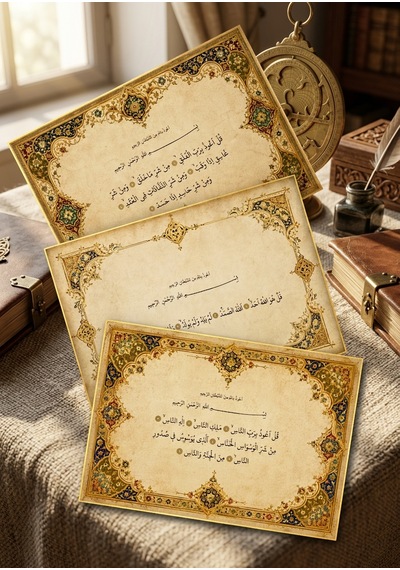 Hat Süsleme Etiket / İhlas Felak Nas Sureleri / A5 Boyutu 3 Adet / Osmanlı Motifleri / Dua