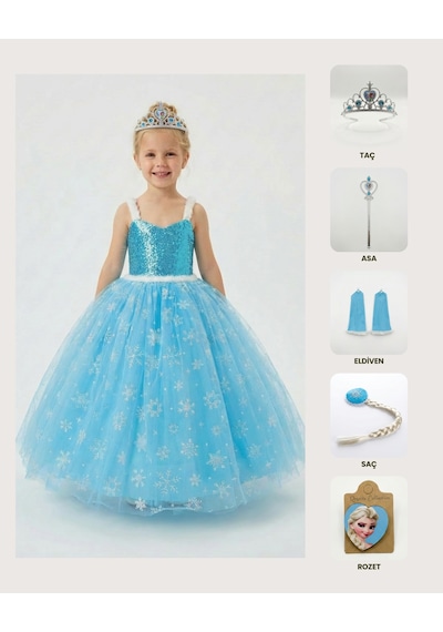 Butikhappykids Frozen Elsa Kostümü Askılı Kız Çocuk Prenses Elbisesi Taç Asa Eldiven Saç Rozet Hediyeli Mavi