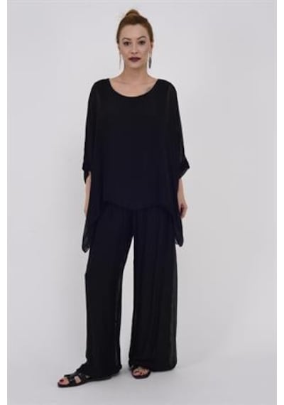 Bohem Stil İtalyan Yarasa Kol İpek Bluz & Pantolon Takım-8767 K.siyah Siyah