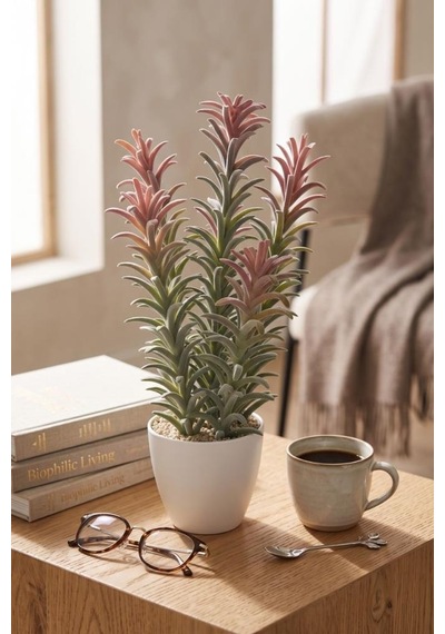 Yapay Kaktüs Ağacı Pembe Yeşil Renk - Beyaz Saksıda Yapay Bitki 70 35cm