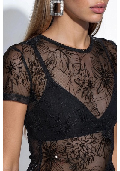 Hiccup Busem Çiçek Desenli Payetli Slim Fit Bluz Siyah