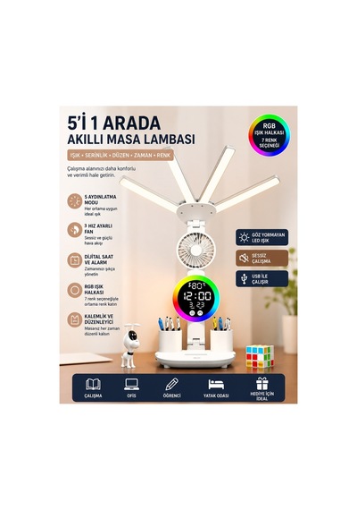 Multifonksiyonel 4 Başlıklı 3 Renk Ve Ton Ayarlı Masa Lambası Kalemlik Saat Takvim Sıcaklık Göstergesi Rgb Led Işıklı 3 Hız Kademeli Vantilatör Fan Telefon Tutucu