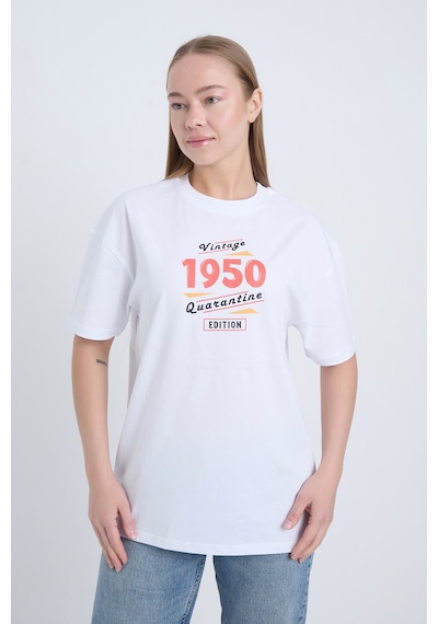 Kadın Oversize Baskılı T-shirt Beyaz 1950 Beyaz