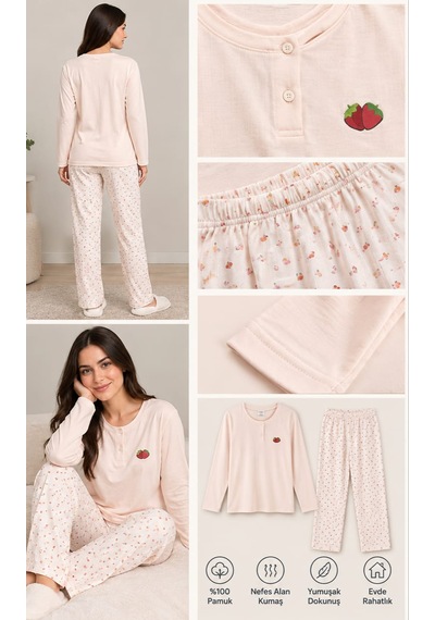 Kadın Pamuklu Çiçek Baskılı/desenli Uzun Kollu Pijama Takımı Çok Renkli - Pembe Kadın Pamuklu Çiçek Baskılı/desenli Uzun Kollu Pijama Takımı Çok Renkli - Pembe