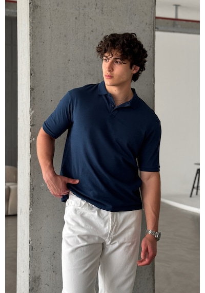 Erkek %100 Pamuk Düğmeli Polo Yaka T-shirt Lacivert