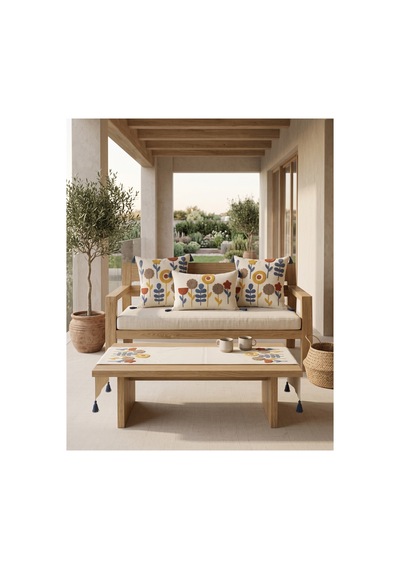 Flora Garden 4 Lü Punch Nakışlı Kırlent & Runner Seti 2 Kare + 1 Dikdörtgen Kırlent Kılıfı + 1 Runner Amerikan Servis Mavi