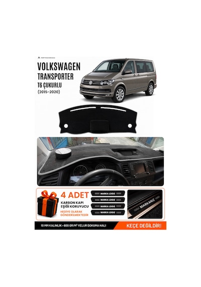 Volkswagen Transporter T6 Çukurlu 2015-2020 Uyumlu Torpido Örtüsü - Siyah Gri
