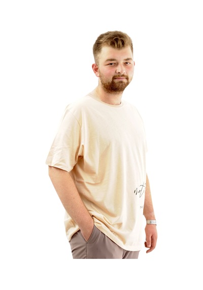 Mode Xl Battal Beden Erkek Pamuklu T-shirt Yumuşak Dokulu Baskılı Belıef U24085 Bej Bej