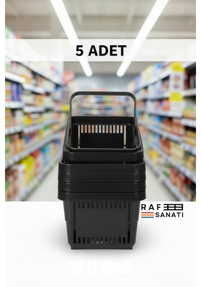 5 Adet / 22 Litre Plastik Market Alışveriş Sepeti Profesyonel Market Mağaza El Sepeti Siyah