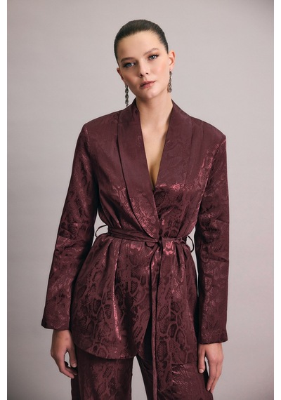 Sateen Yılan Desenli Uzun Ceket - Bordo-136439 Bordo