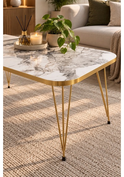 Sulorahome Gold Detaylı Mermer Desenli Orta Sehpa Altın - Mermer