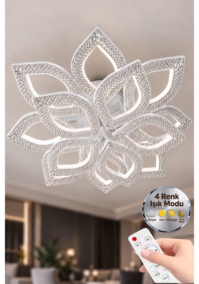 Yonca Model Beyaz Kumandalı 13"lü Ledli 3 Renk Modu Kristal Salon Mutfak Yatak Çocuk Odası Avize