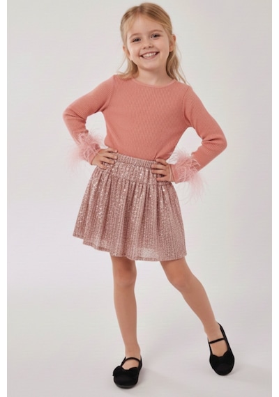 My Kids Wear Kız Çocuk Bayramlık Payet Etekli Takım 12537 Bej - Kahverengi