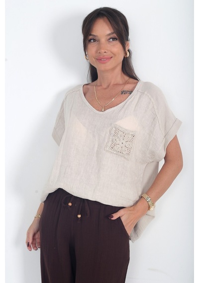 By Saygı Kadın İtalyan Cotton V Yaka Örgü Dantel Tek Cepli Oversize Keten Bluz Bej