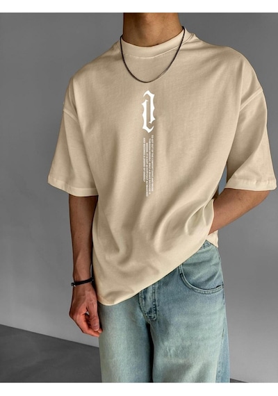 Dik Yazı Baskılı Oversize Tişört Bej
