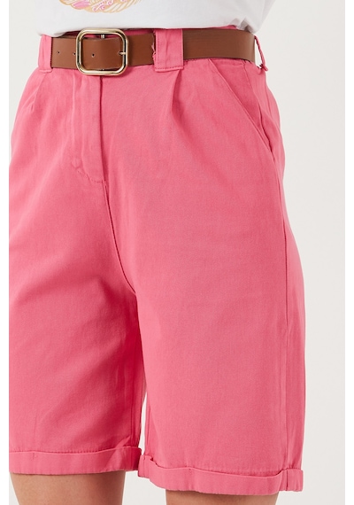 Lela Pamuklu Relaxed Fit Yüksel Bel Kemerli Gabardin Short Bayan Şort 668Yp4710 Fuşya