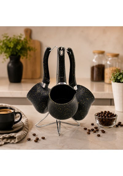 Granit Çelik Cezve Seti 230/280/380 Ml Metal Standlı