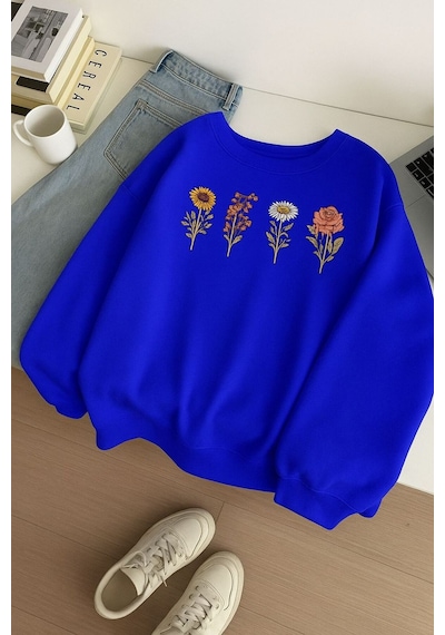 Benroma 3 İplik Penye Çiçek Baskılı Unisex Sweatshırt Saks Mavisi
