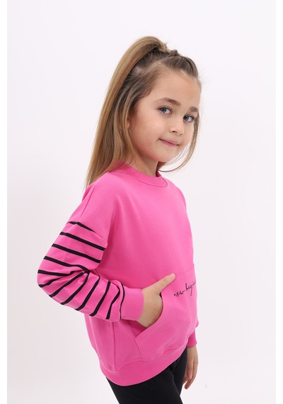 Kız Çocuk Relax Fit Bisiklet Yaka Cepli Baskılı Sweatshirt - Kolu Çizgili & 2 İplik Fuşya