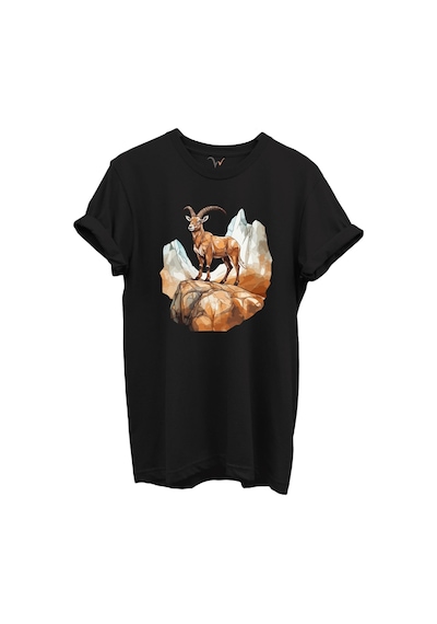 Dağ Keçisi Tasarımlı Avcılık Konseptli %100 Pamuk Regular Fit Bisiklet Yaka Unisex T-shirt Siyah