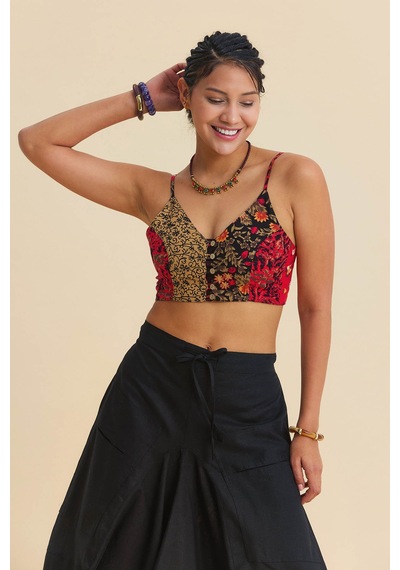 İnce Askılı Düğme Detaylı Crop Bluz Desenli