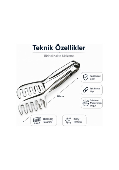 Paslanmaz Çelik Maşa, Salata Makarna Mutfak Maşası 20 Cm, Mutfak Seti, Premium Kalite, Tek Parça Yapı Çok Renkli