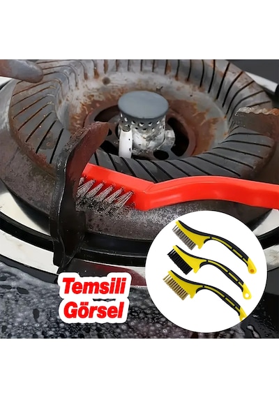 Plastik Saplı Metal Çok Amaçlı Temizleme Fırçası 3'lü Set Tel Fırça Kir Pas Kireç Mangal Izgara