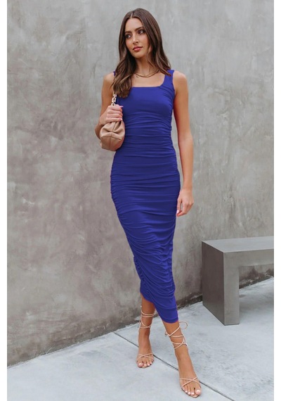 Madmext Saks Büzgülü Kalem Model Askılı Elbise Mg1732-saks Saks