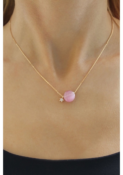 Pembe Doğal Taş Bonibon Kolye Gold