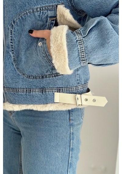 Kadın Kürk Astarlı Denim Ceket Sıcak & Sokak Stili Mavi