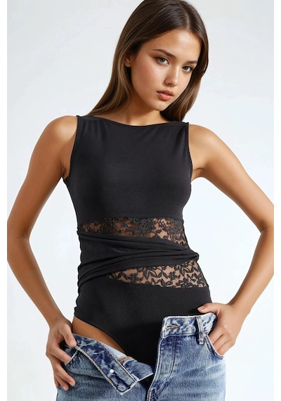 Hiccup Cut Out Dantel Detaylı Body Siyah