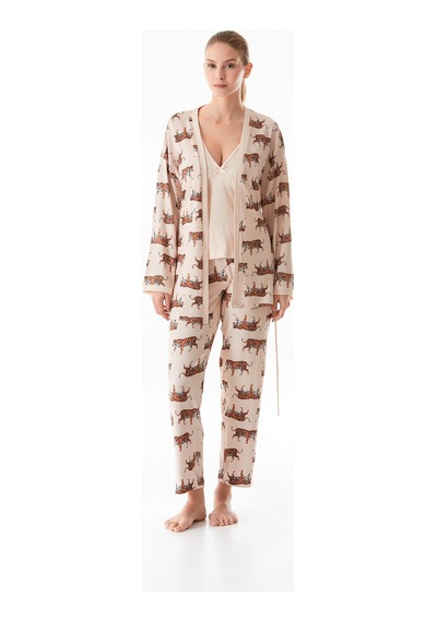 Fullamoda Kaplan Desenli V Yaka 3 Lü Pijama Takımı 24mıcg631216523-bej Bej