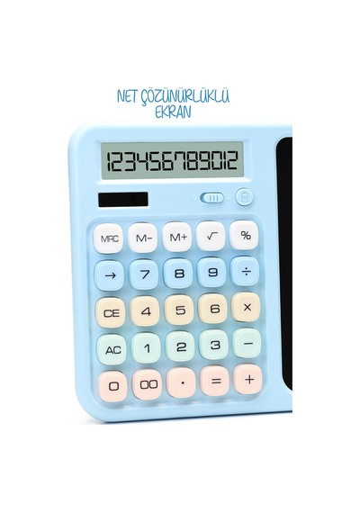 Lcd Ekran Yazı Tahtalı Hesap Makinesi 12 Haneli Tabletli Hesap Makinesi Pastel Mavi