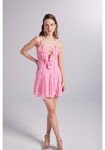 Holly Lolly Fırfır Detaylı Şifon Mini Sorento Elbise Pembe