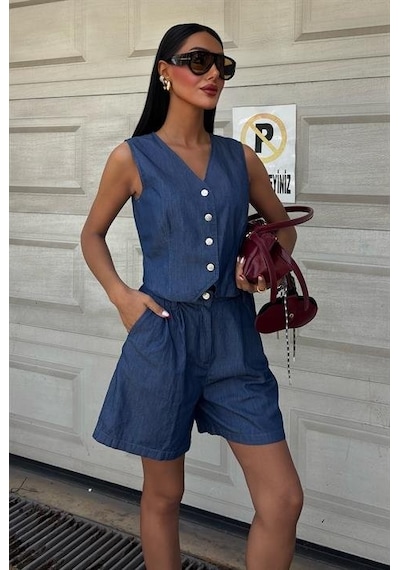 Moderie Butik Gümüş Düğmeli Yelek Ve Şort Tensel Takım 10174 Koyumavi