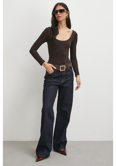 Never More U Yaka Uzun Kollu Çıtçıtlı Bodysuit Kahve Kahve