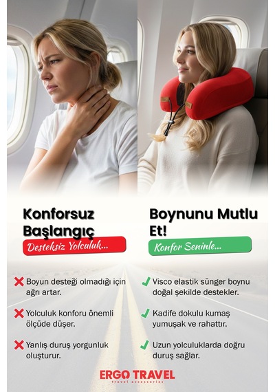 Viscofoam Lux Ortopedik Seyahat Yastığı Visco Boyun Destekli Seyahat Yastığı - Kırmızı | Ergo Travel