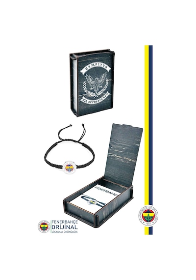 Fenerbahçe Lisanslı Fb Logo Makrome Siyah Bileklik Hediyelik Ahşap Kutulu