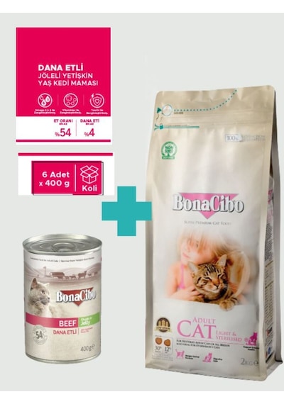 Kısırlaştırılmış Tavuklu Kedi Maması 2 Kg + 6 Adet 400 Gr Sığır Etli Yaş Mama Seti